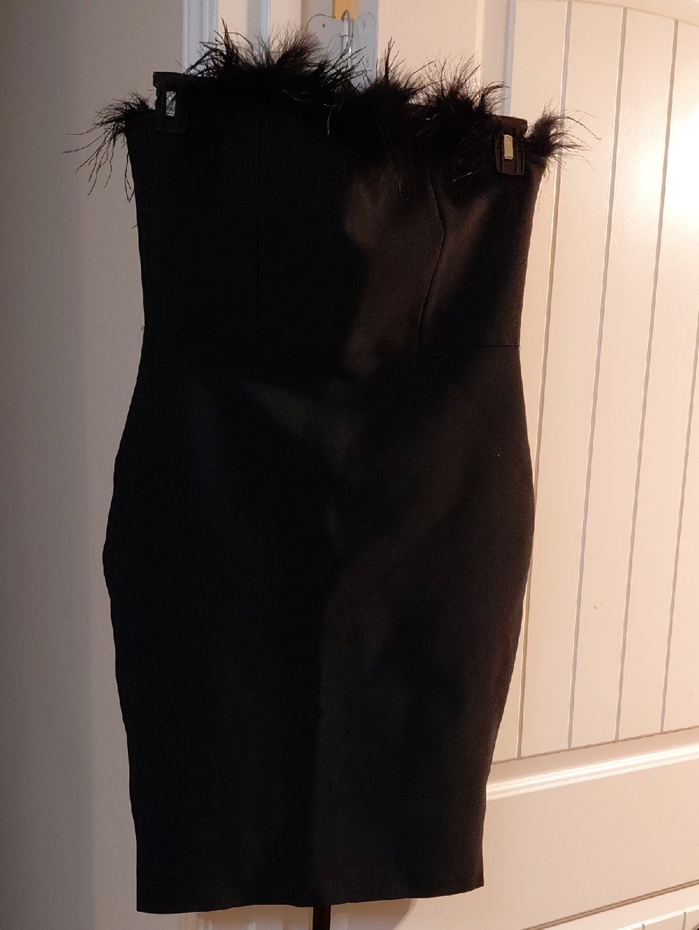 Black Strapless Feather Trim Cocktail Dress, Size XL